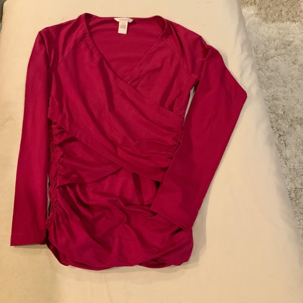Sundance Pink S Long Sleeve Faux Wrap, Ruched Side Top Coastal Cottagecore